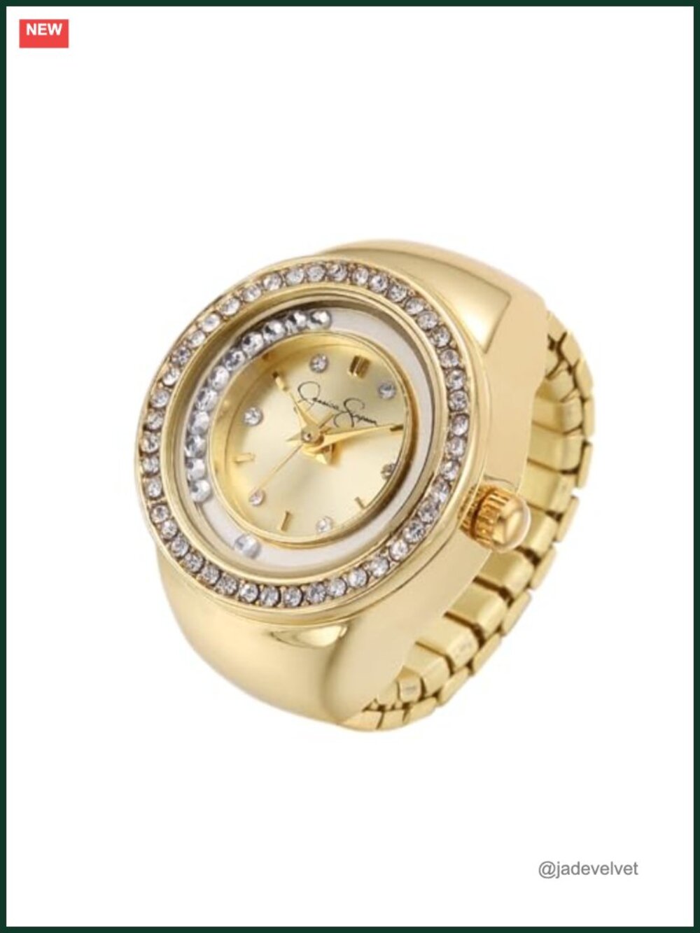 Adjustable Ring Watch with Crystal Bezel, Quartz Analog Mini Dial, Stretch Band